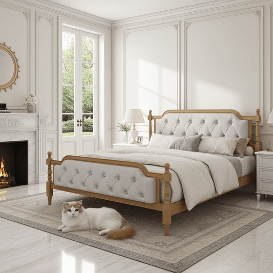 Queen Bed Versailles Haven Upholstered Walnut Wood Queen Bed - Bunk and Bed Co.