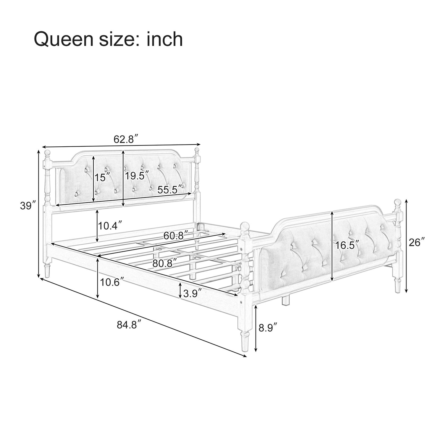 Queen Bed Versailles Haven Upholstered Walnut Wood Queen Bed - Bunk and Bed Co.