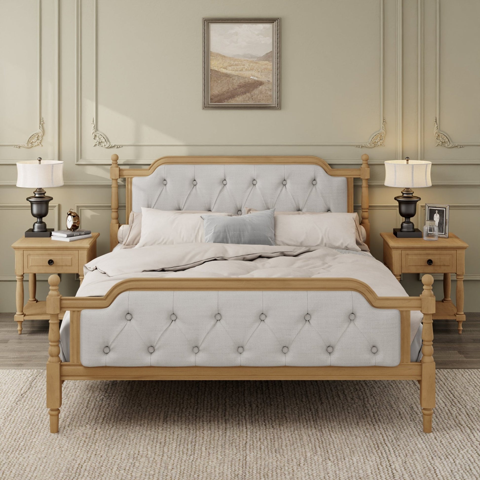 Queen Bed Versailles Haven Upholstered Walnut Wood Queen Bed - Bunk and Bed Co.