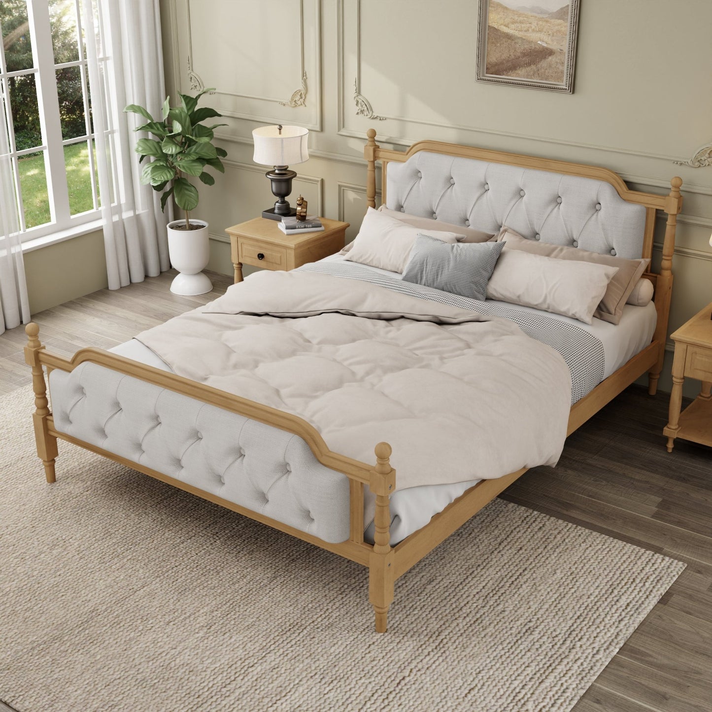 Queen Bed Versailles Haven Upholstered Walnut Wood Queen Bed - Bunk and Bed Co.
