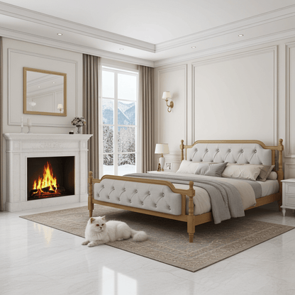 Queen Bed Versailles Haven Upholstered Walnut Wood Queen Bed - Bunk and Bed Co.