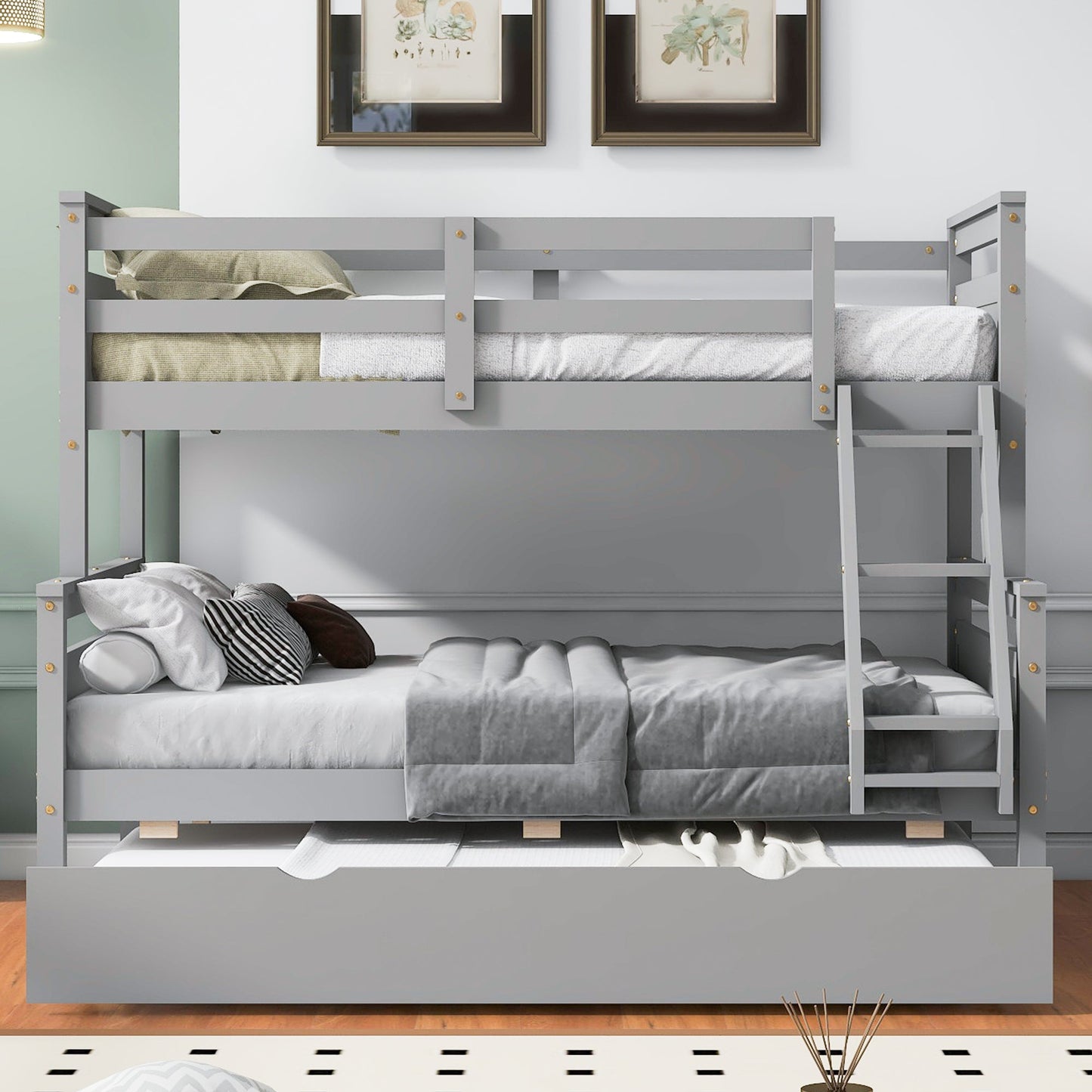 Twin Over Full Bunkbed with Twin Trundle Gray Space Saver - Bunk and Bed Co.