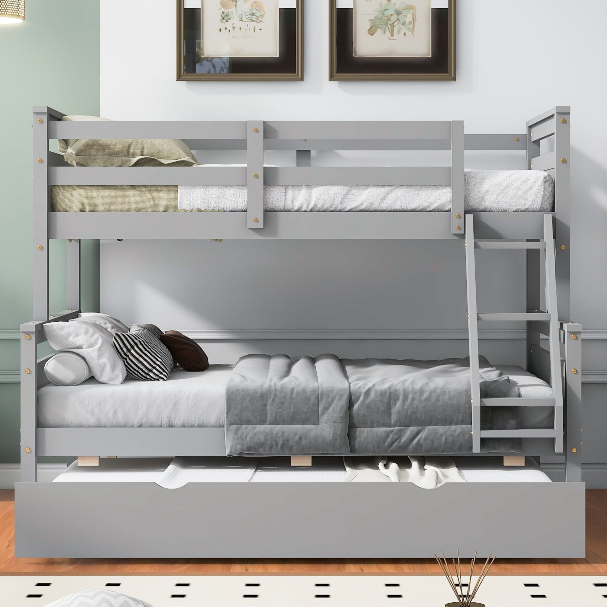 Twin Over Full Bunkbed with Twin Trundle Gray Space Saver - Bunk and Bed Co.