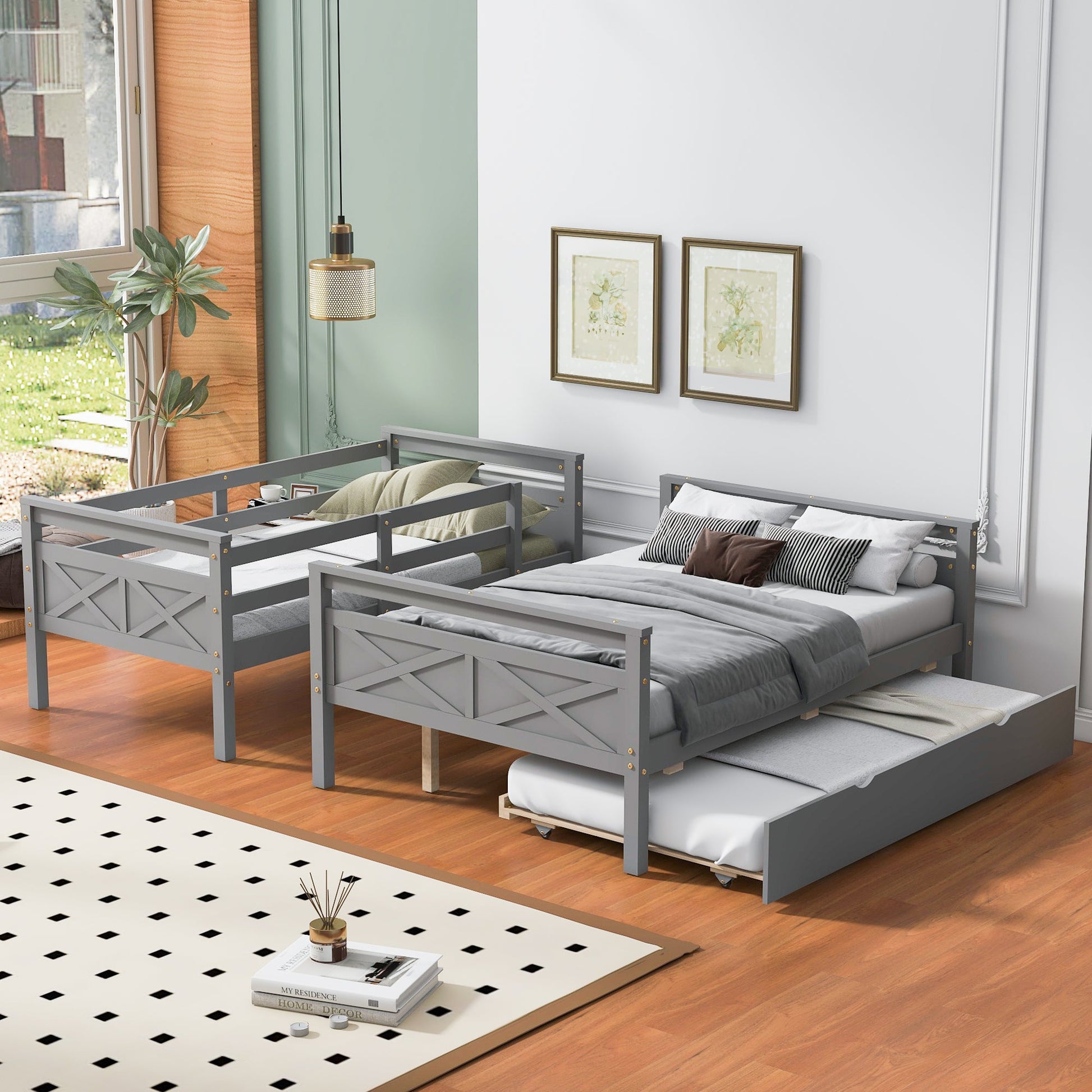 Twin Over Full Bunkbed with Twin Trundle Gray Space Saver - Bunk and Bed Co.