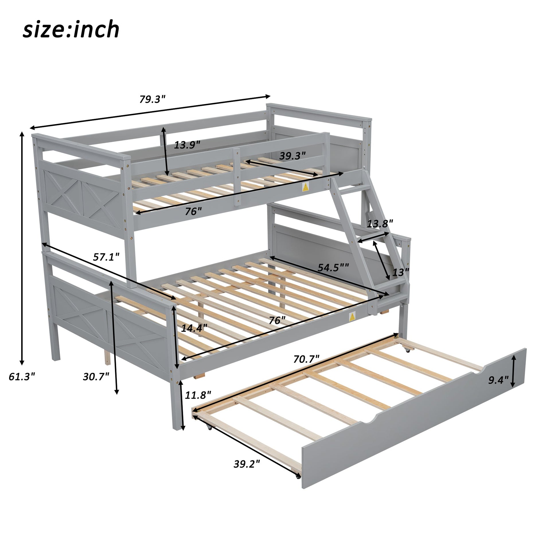 Twin Over Full Bunkbed with Twin Trundle Gray Space Saver - Bunk and Bed Co.