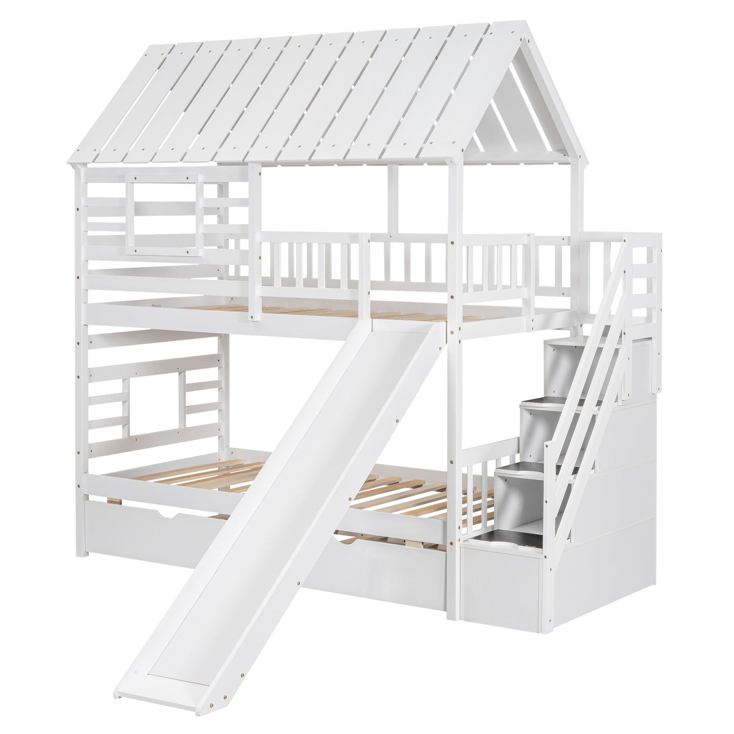 Twin Over Twin Bunkbed Playhouse Dream , Slide, Trundle White - Bunk and Bed Co.