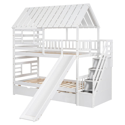 Twin Over Twin Bunkbed Playhouse Dream , Slide, Trundle White - Bunk and Bed Co.