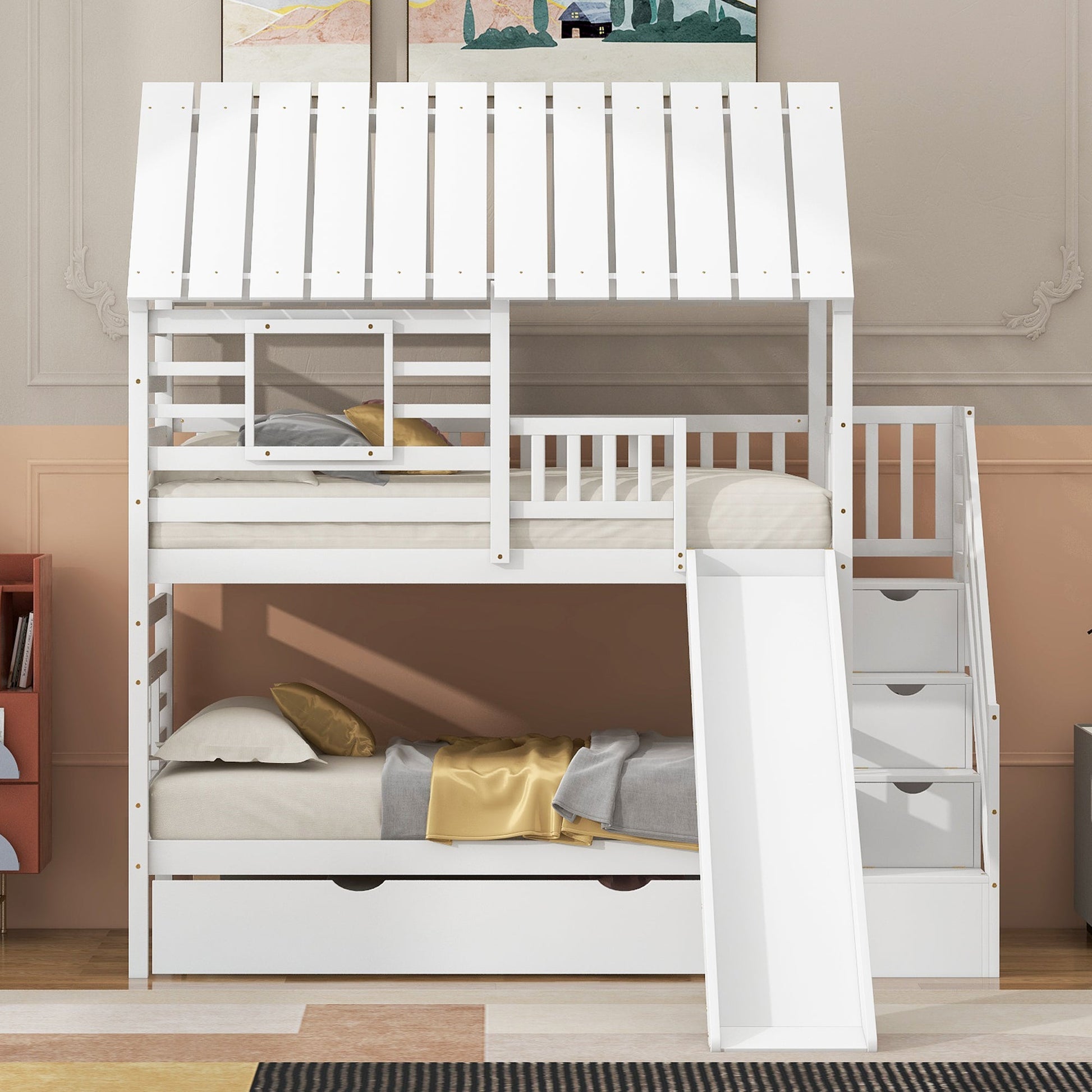 Twin Over Twin Bunkbed Playhouse Dream , Slide, Trundle White - Bunk and Bed Co.
