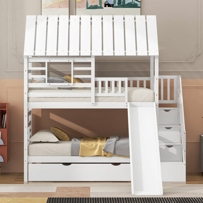 Twin Over Twin Bunkbed Playhouse Dream , Slide, Trundle White - Bunk and Bed Co.