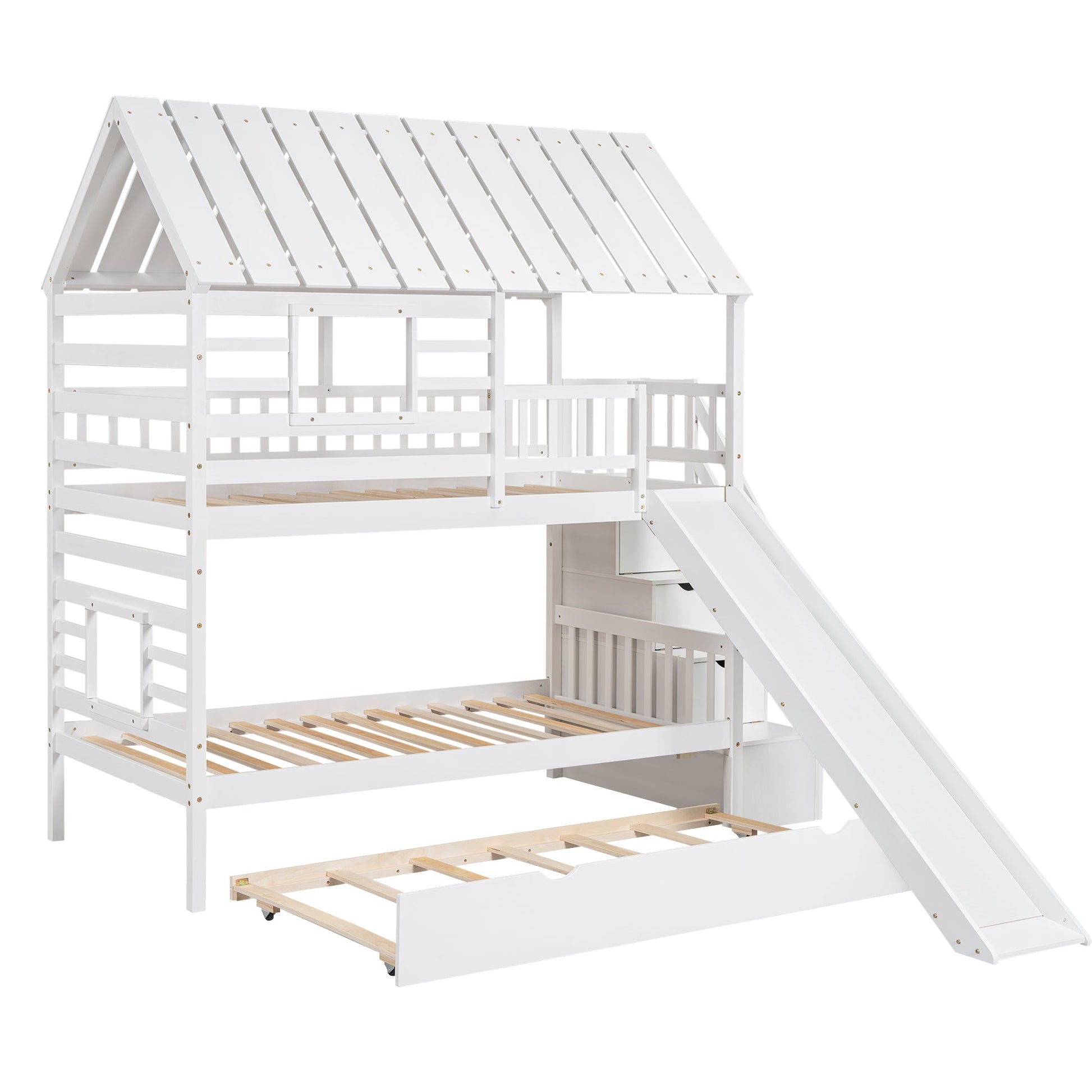 Twin Over Twin Bunkbed Playhouse Dream , Slide, Trundle White - Bunk and Bed Co.