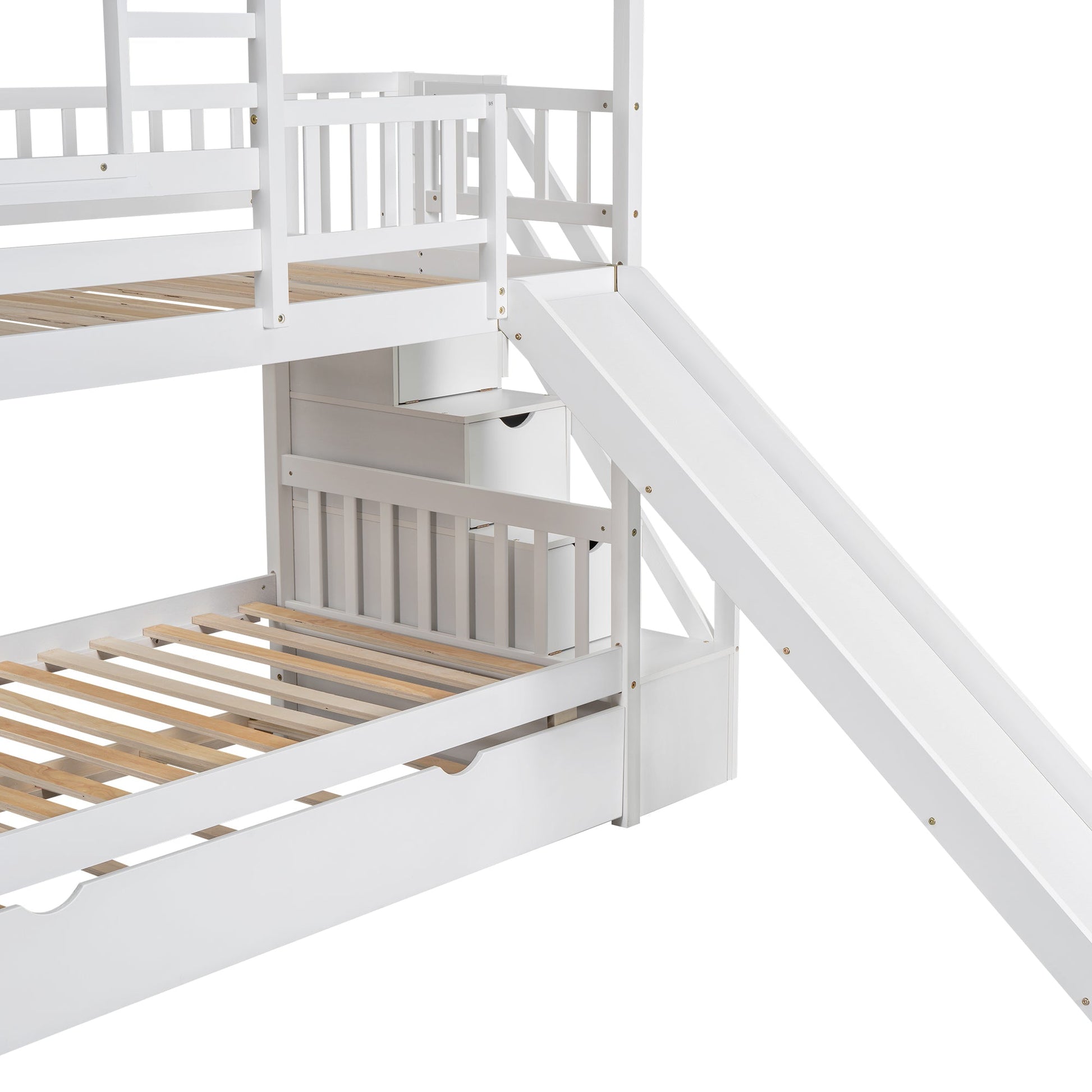 Twin Over Twin Bunkbed Playhouse Dream , Slide, Trundle White - Bunk and Bed Co.