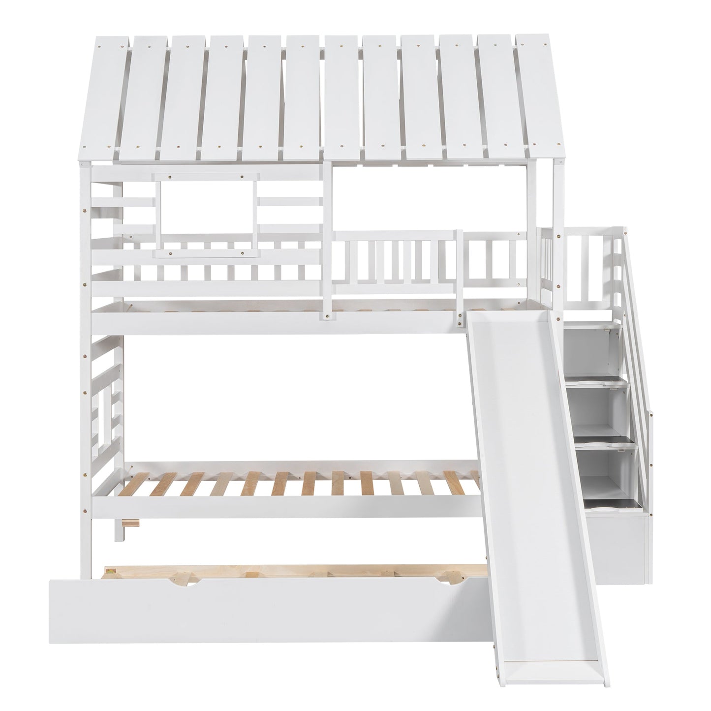 Twin Over Twin Bunkbed Playhouse Dream , Slide, Trundle White - Bunk and Bed Co.