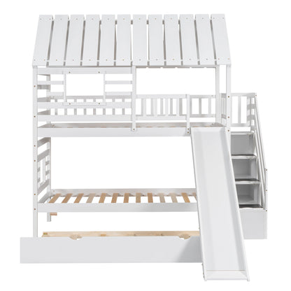 Twin Over Twin Bunkbed Playhouse Dream , Slide, Trundle White - Bunk and Bed Co.