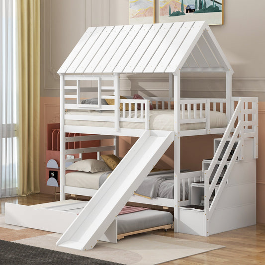 Twin Over Twin Bunkbed Playhouse Dream , Slide, Trundle White - Bunk and Bed Co.