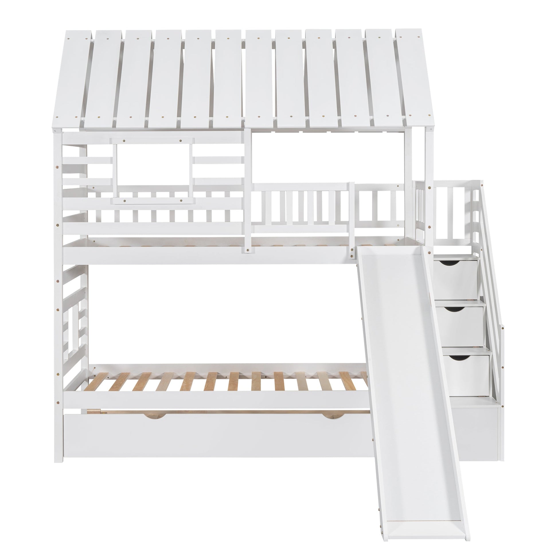 Twin Over Twin Bunkbed Playhouse Dream , Slide, Trundle White - Bunk and Bed Co.