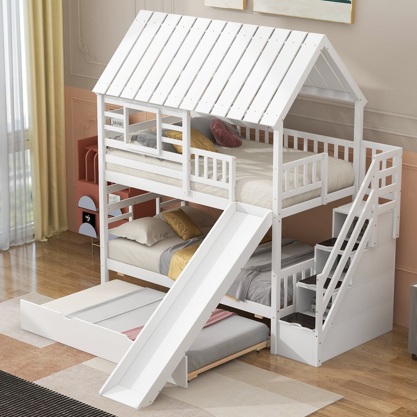 Twin Over Twin Bunkbed Playhouse Dream , Slide, Trundle White - Bunk and Bed Co.