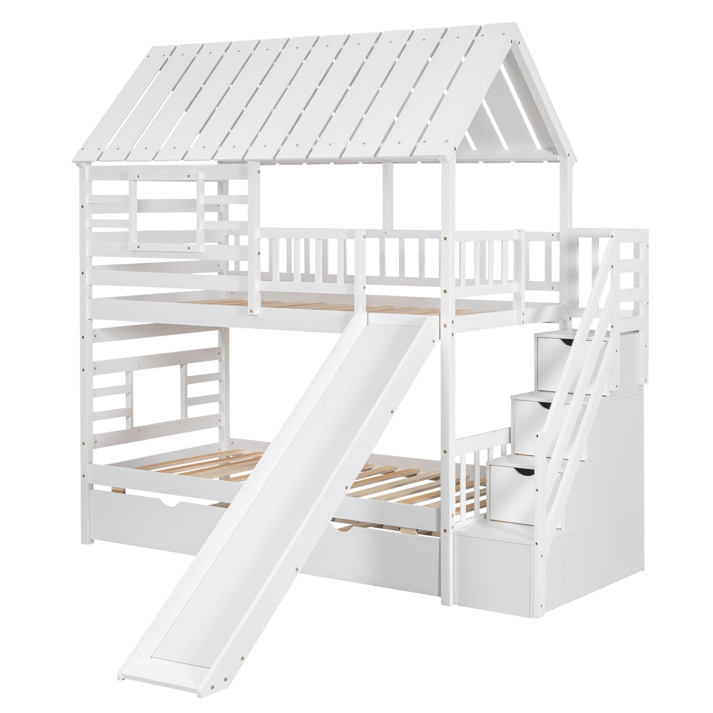 Twin Over Twin Bunkbed Playhouse Dream , Slide, Trundle White - Bunk and Bed Co.