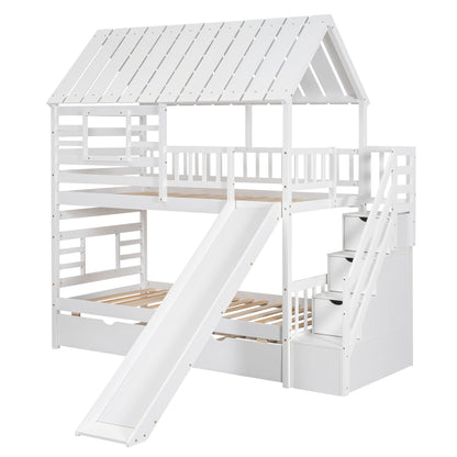 Twin Over Twin Bunkbed Playhouse Dream , Slide, Trundle White - Bunk and Bed Co.